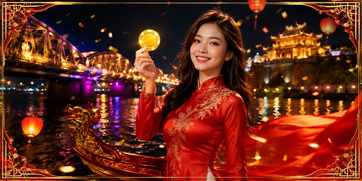 Người phụ nữ Huế trong trang phục áo dài kiểm tra kết quả xổ số và thưởng hoàn tiền trên điện thoại