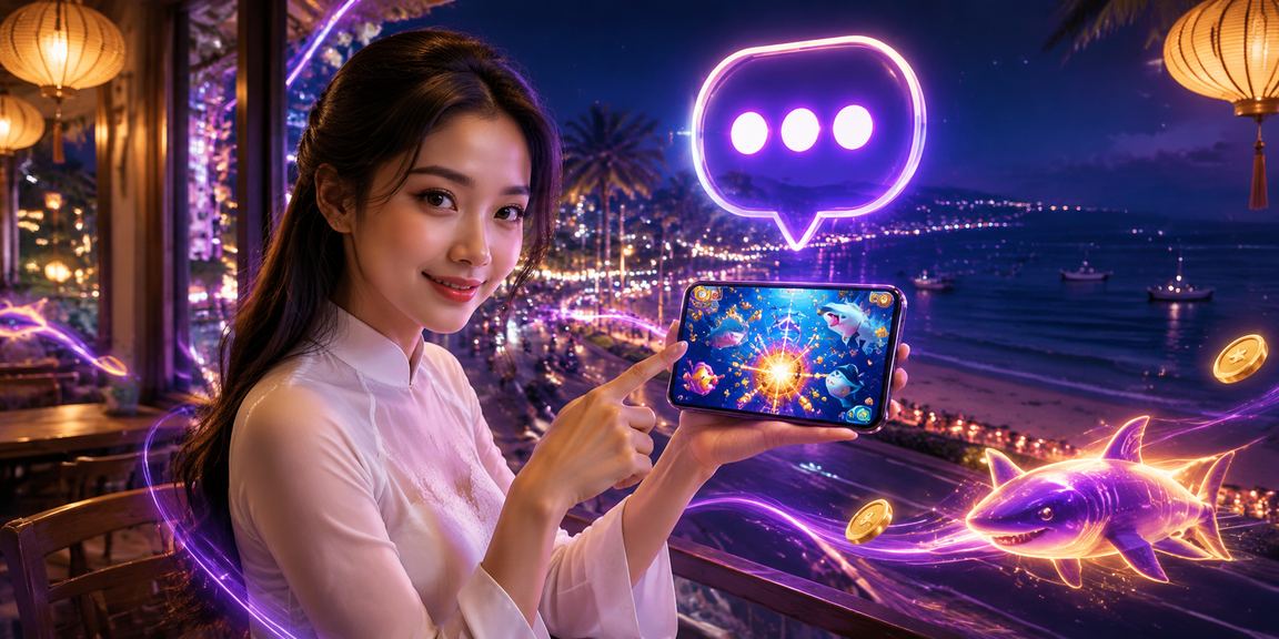 Người phụ nữ mặc áo dài tại Mũi Né chơi game bắn cá trực tuyến trên điện thoại bên biển